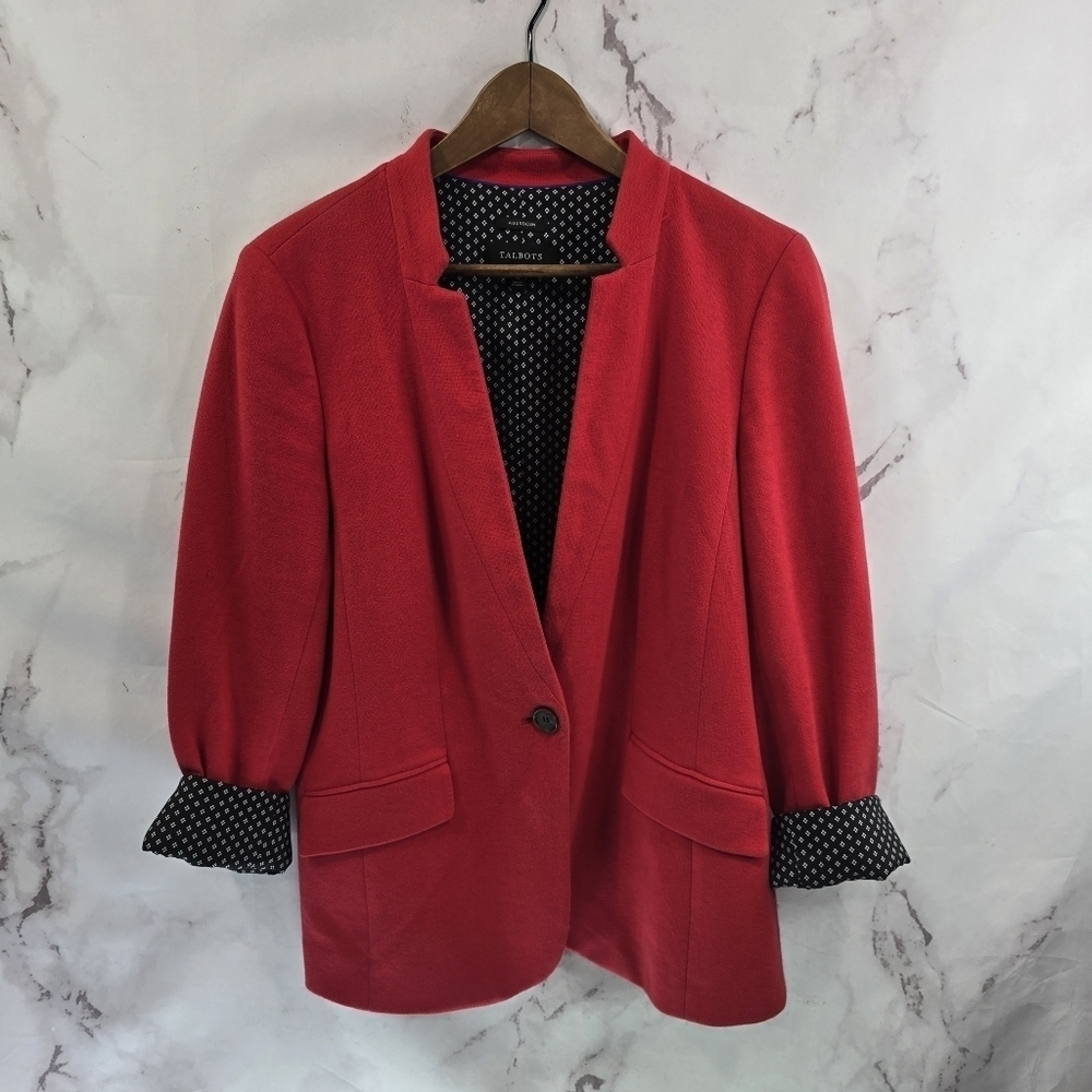Talbots Blazer Womens 14 Red Black Aberdeen One Button Jacket Mock Neck Stretch